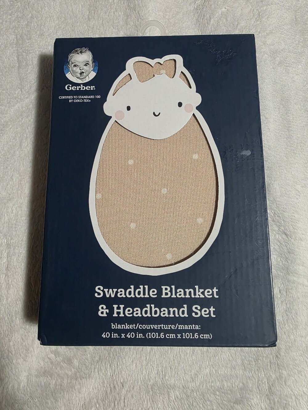 Gerber Baby Swaddle Blanket & Headband Set 40x40 Beige New in Box OEKO-TEX